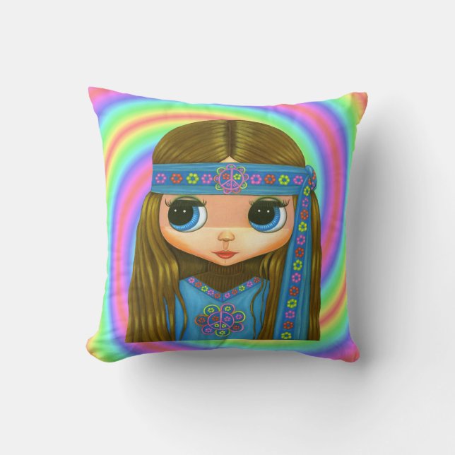 Big Eye Hippie Doll Girl in Blue Headband Cushion (Front)