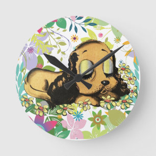 big eye sleeping Puppy Dog Cartoon Animal Art Round Clock