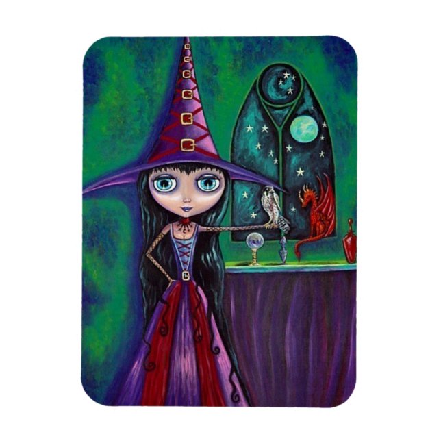 Big Eye Witch Girl with Falcon & Dragon Cute Magnet (Vertical)