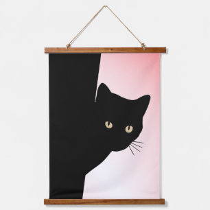 Big Eyed Black Cat on Pink Hanging Tapestry