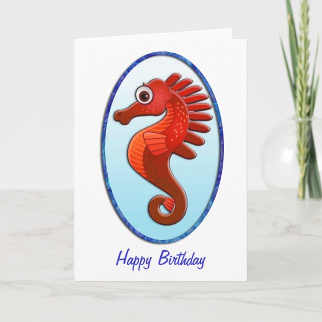 Big Eyed Cartoon Seahorse Birthday Card (Front)