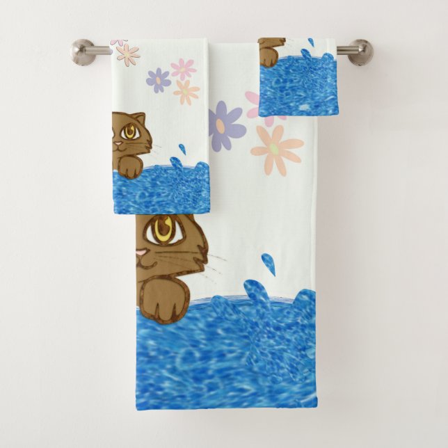 Big Eyed Cat in Bath Water Towel Set (Insitu)