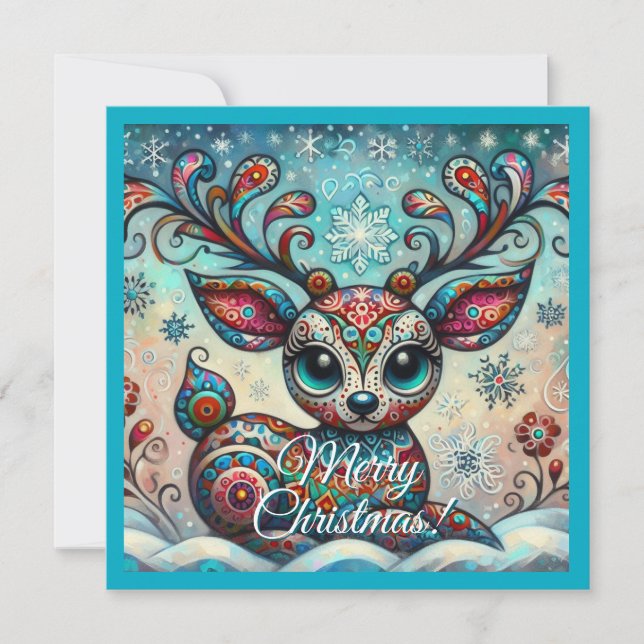 Big Eyed Christmas Reindeer Folk Art Personalised Holiday Card (Front)