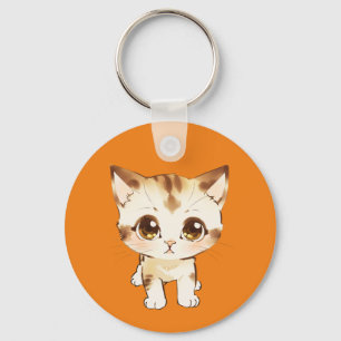 Big Eyed Kitten Cute Feline Watercolor Key Ring