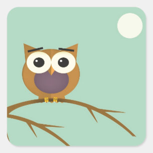 Big Eyed Owl on Branch with Full Moon Square Sticker