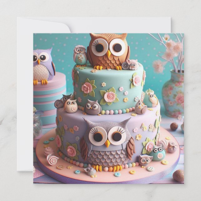 BIG EYED OWL THEMED BIRTHDAY CAKE  INVITATION (Front)