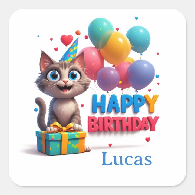 Big Eyes Cat Birthday Gift  🎉 Square Sticker (Front)