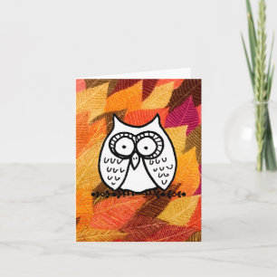 Big Eyes Funny Cartoon Owl Drawing Leaves Folded Note Card