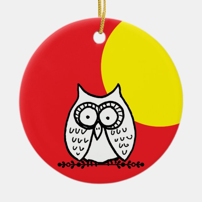 Big Eyes Funny Cartoon Owl & Moon Red Ceramic Tree Decoration (Front)