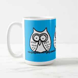 Big Eyes Funny Three Cartoon Owls Blue Coffee Mug