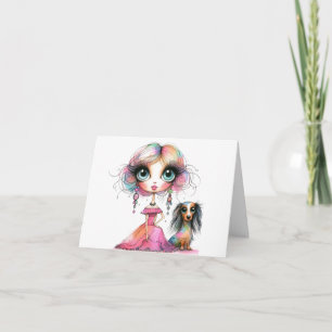 Big Eyes Whimsical Dachshund and Girl Card