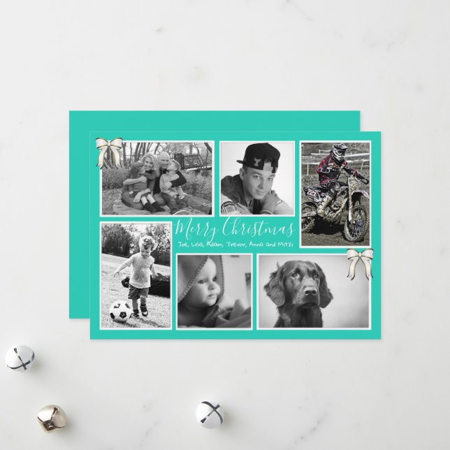Big Family Christmas Photo Collage Turquoise Holiday Card (Front/Back In Situ)