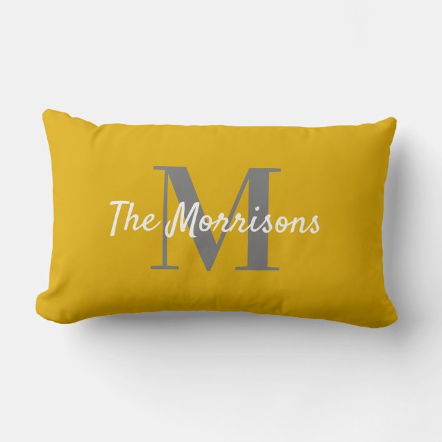Big Family Name Monogram Solid Mustard Yellow Lumbar Cushion (Front)