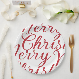 Big Fancy Red Script Merry Christmas Paper Plate