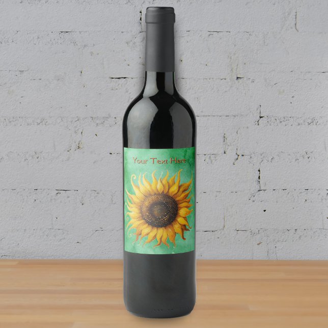 Big fancy Yellow sunflower on shades of green Wine Label (Big yellow sunflower on shades of green bottle labels.)