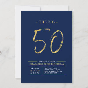 Big Fifty Gold & Navy Blue 50th Birthday Party Invitation