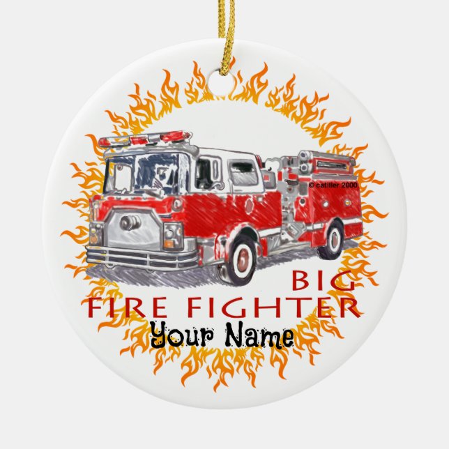 Big Firefighter Firetruck firefighters Ceramic Tree Decoration (Front)