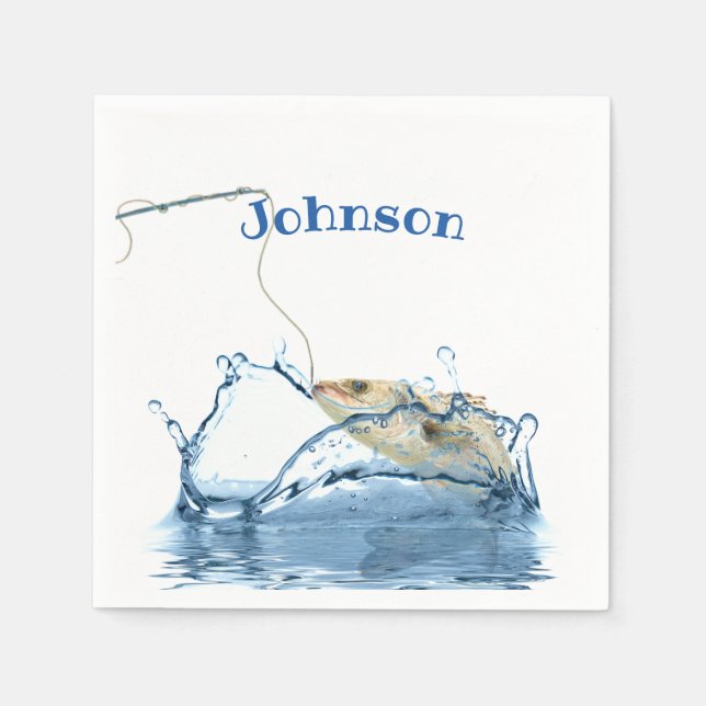 big fish hooked on pole in water napkin (Front)