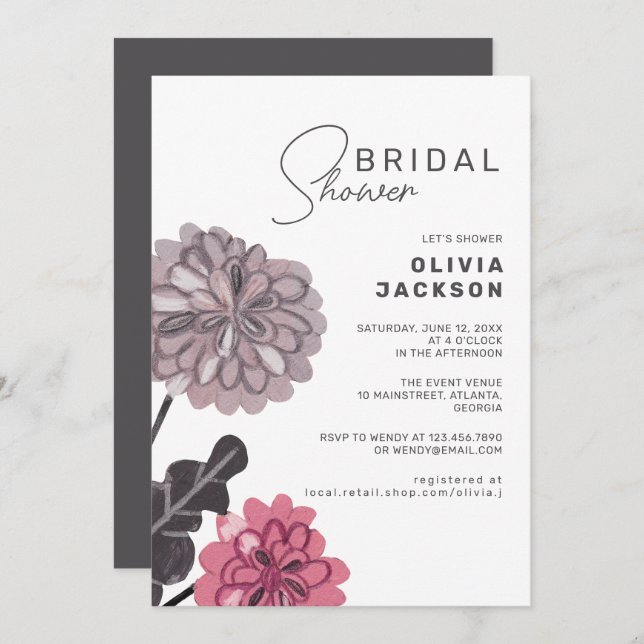 Big floral charcoal grey dusty pink bridal shower invitation (Front/Back)