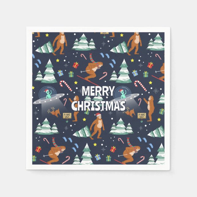 Big Foot, Aliens, & Reindeer Christmas Napkin (Front)