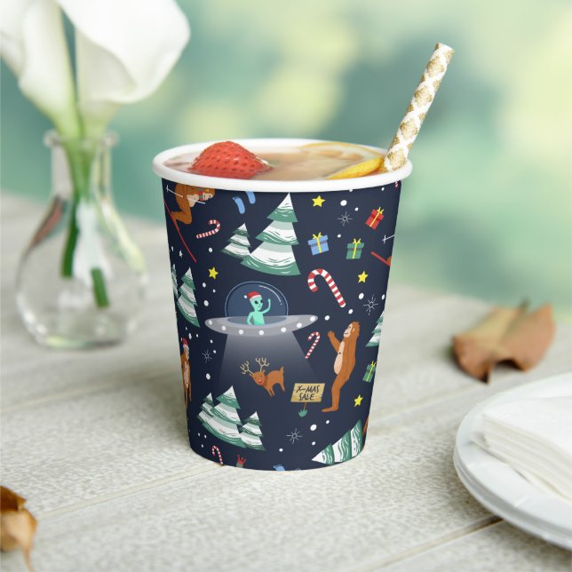 Big Foot, Aliens, & Reindeer Christmas Paper Cups (Insitu)