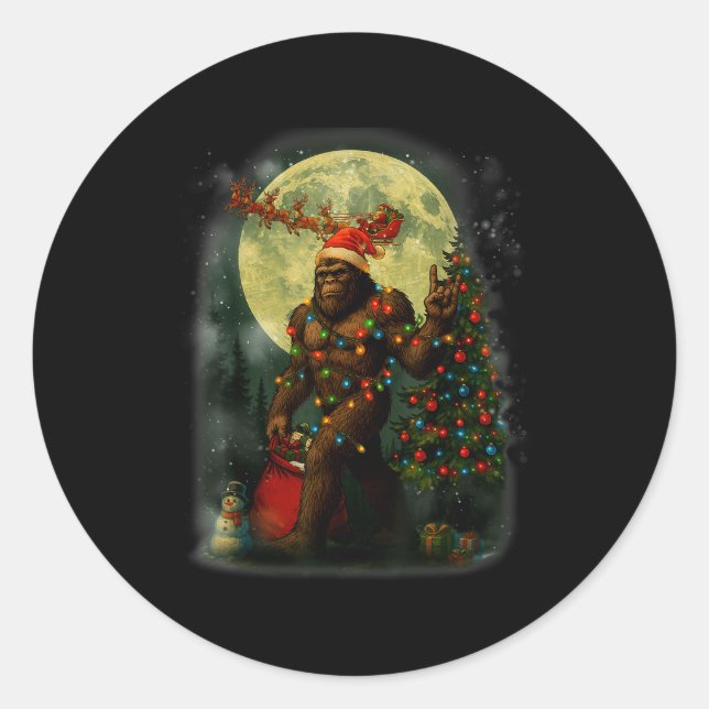 Big Foot Rock On Santa Snowman Christmas Tree Xmas Classic Round Sticker (Front)