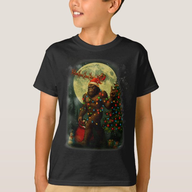 Big Foot Rock On Santa Snowman Christmas Tree Xmas T-Shirt (Front)