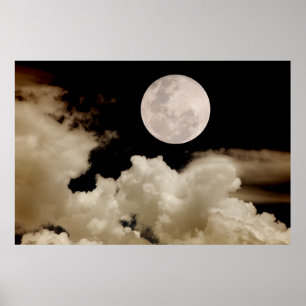 Big Full Moon Passing Behind Clouds Poster