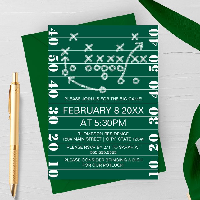 Big Game Football Play Diagram Party Invitation (Big Game Football Watch Party Invitation with Football field, and game play )
