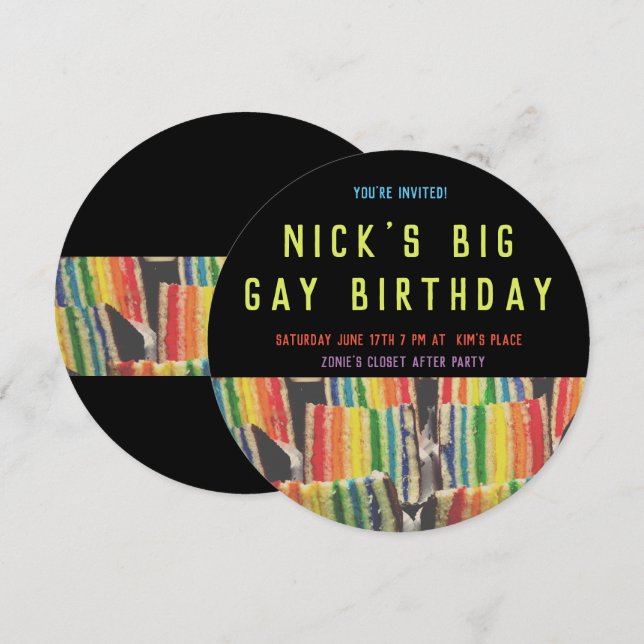 Big Gay Birthday Rainbow Cake Invite (Front/Back)