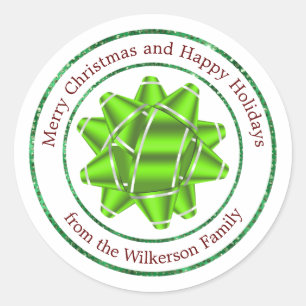 Big Gift Bow and Green Glitter Classic Round Sticker