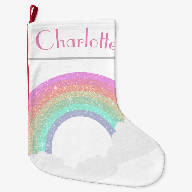 Big Glitter Rainbow Unicorn with Custom Name Large Christmas Stocking (Front)