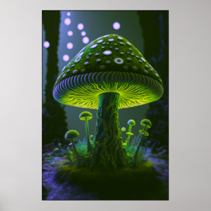 Big Glowy Mushroom - Green & Indigo Poster