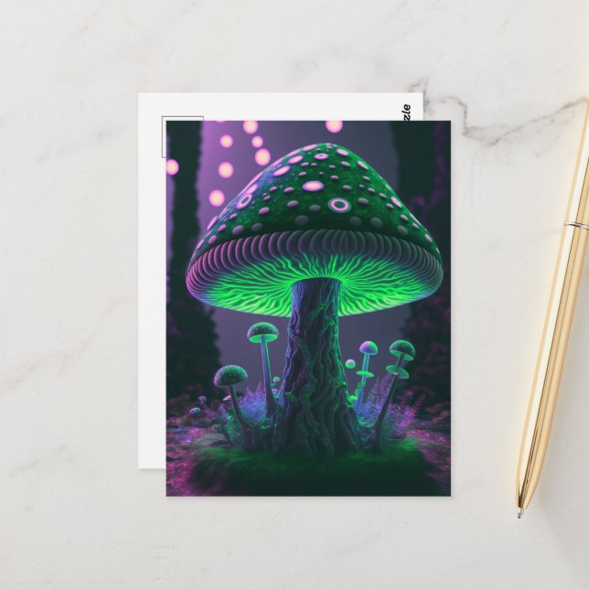 Big Glowy Mushroom - Green & Pink Postcard (Front/Back In Situ)