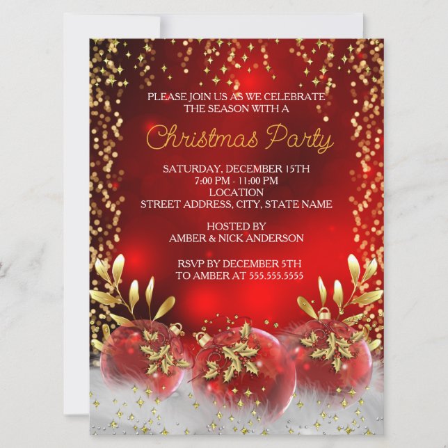 Big Gold Holly Bauble Red Christmas Holiday Party  Invitation (Front)