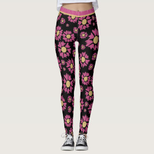 Big Gold Pink Glitter Girly Daisy Flowers On Black Leggings