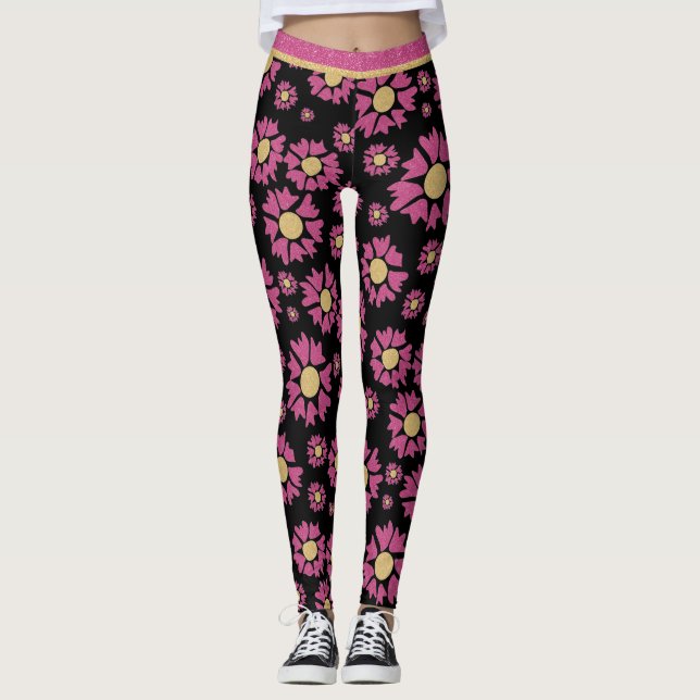 Big Gold Pink Glitter Girly Daisy Flowers On Black Leggings (Front)