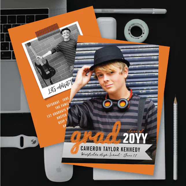 Big Grad Scribbles Photo Modern Graduation Party Invitation | Zazzle