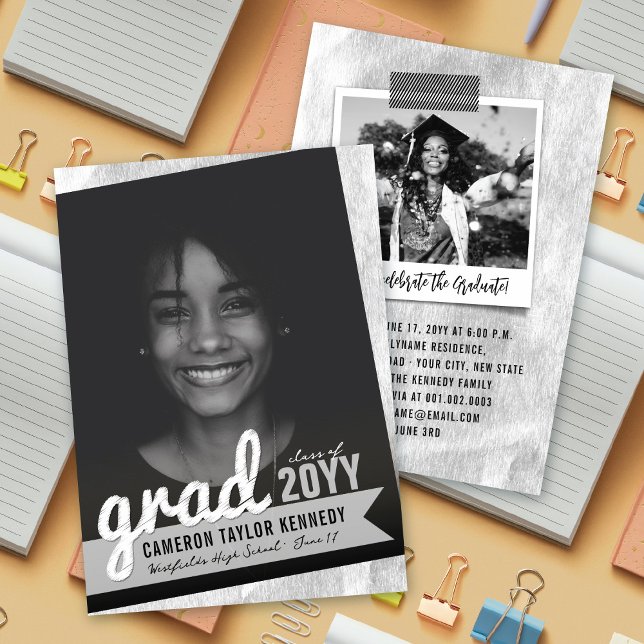 Big Grad Scribbles Silver Foil Graduation Party Invitation (Creator Uploaded)