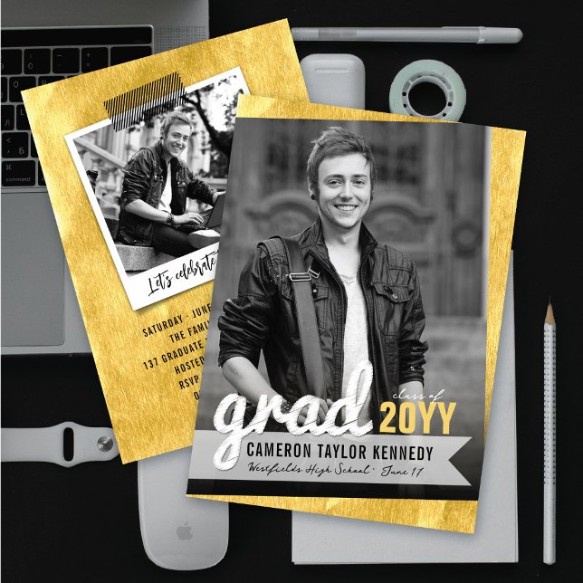 Big Grad Sketch Gold Foil Photo Graduation Party Invitation (Creator Uploaded)