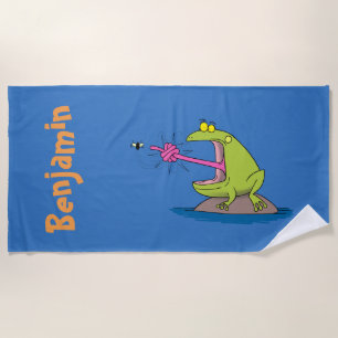 Big green frog catching fly cartoon beach towel