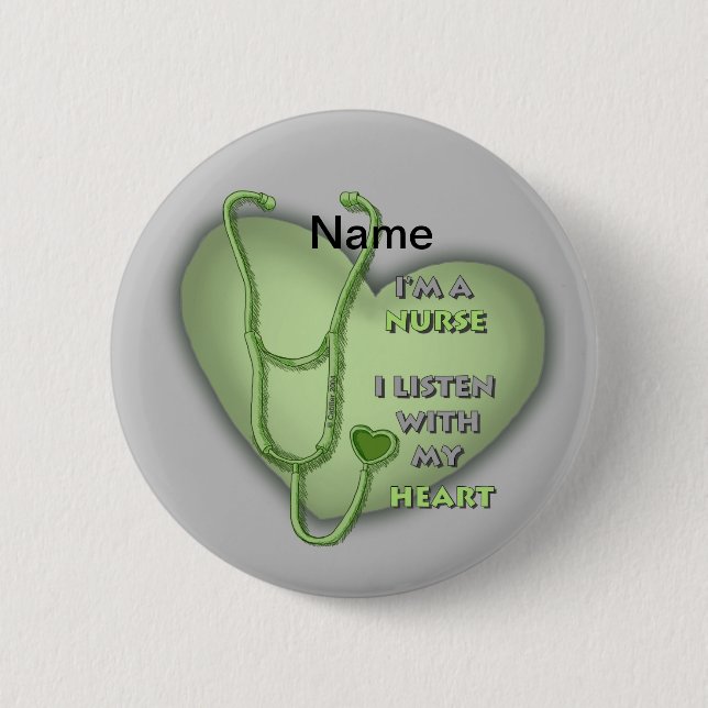 Big green heart nurse  6 cm round badge (Front)