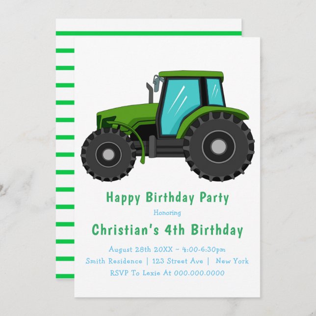 Big Green Tractor 4th Birthday Invitations (Front/Back)