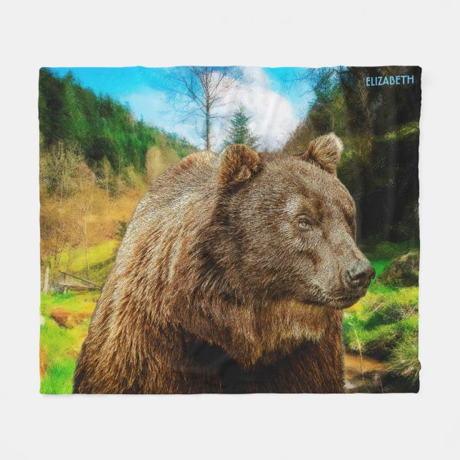 Big Grizzly Bear And Beautiful Mountains Landscape Fleece Blanket (Front (Horizontal))