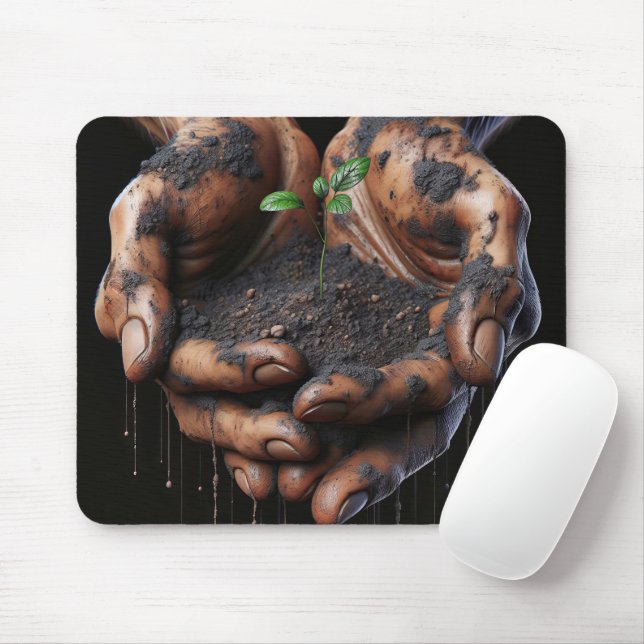 Big Hands Holding a Tree Sapling Mouse Mat (With Mouse)
