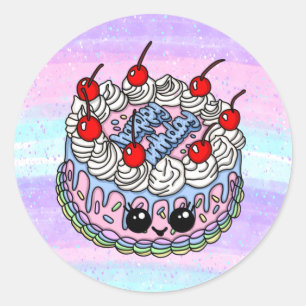 Big Happy Birthday Whimsical Hand drawn Cake    Classic Round Sticker