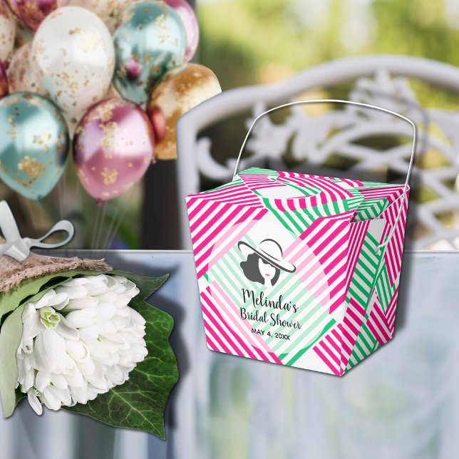 Big Hat Derby Lady Hot Pink Green Stripes 2" Favour Box (Big Derby hat lady on hot pink and green diagonal stripes takeout style bridal shower favor boxes)