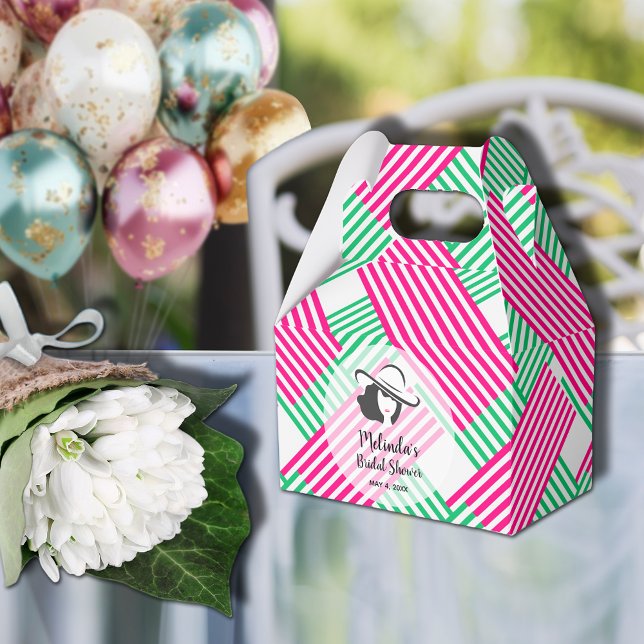 Big Hat Derby Lady Hot Pink Green Stripes Gable Favour Box (Big Derby hat lady on hot pink and green diagonal stripes gable style bridal shower favor boxes)