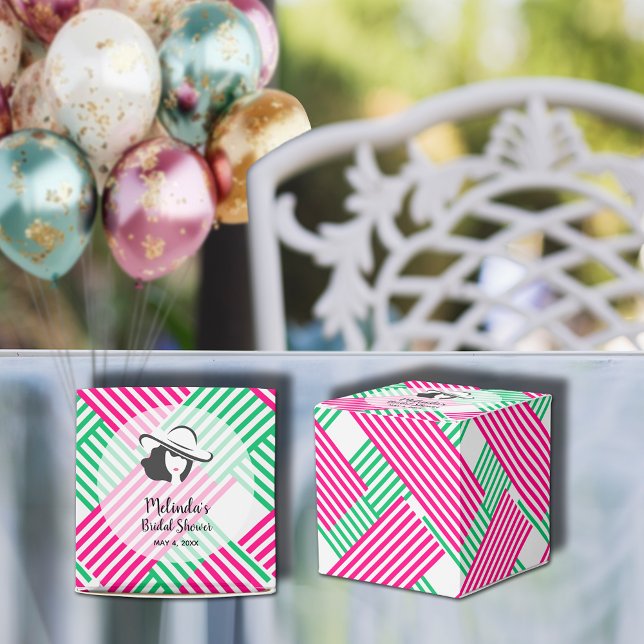 Big Hat Derby Lady Pink Green Stripes Square Favour Box (Big Derby hat lady on hot pink and green diagonal stripes square bridal shower favor boxes)