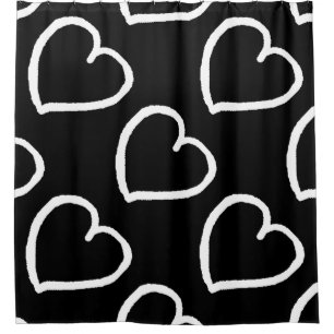 Big hearts pattern white on black shower curtain